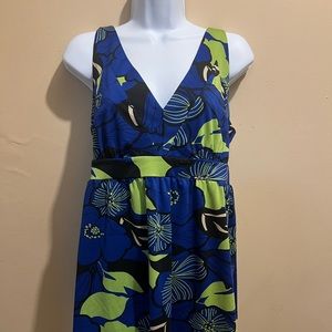 Top, royal blue, lime green tropical print, sleeveless